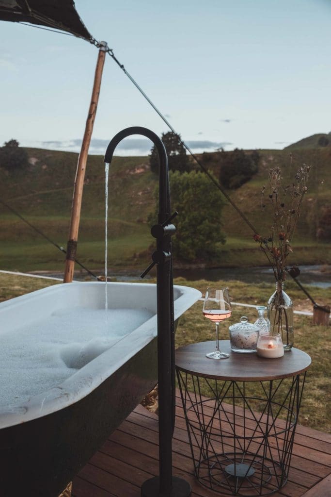 Outdoor bath on a glamping trip