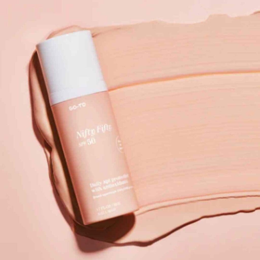 Go-To Skincare Nifty Fifty sunscreen against a white backdrop, part of our best spring beauty collection