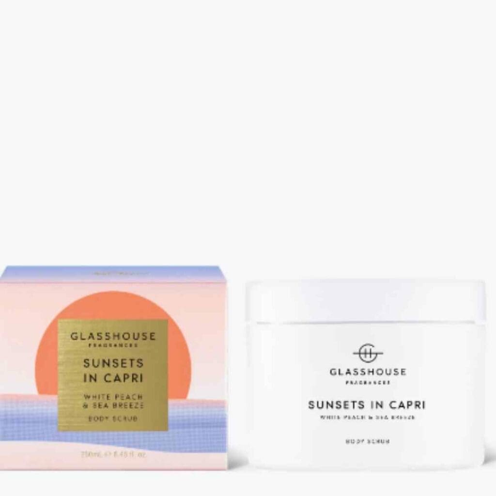 Glasshouse Capri Breeze body scrub against a white backdrop part of our best spring beauty collection
