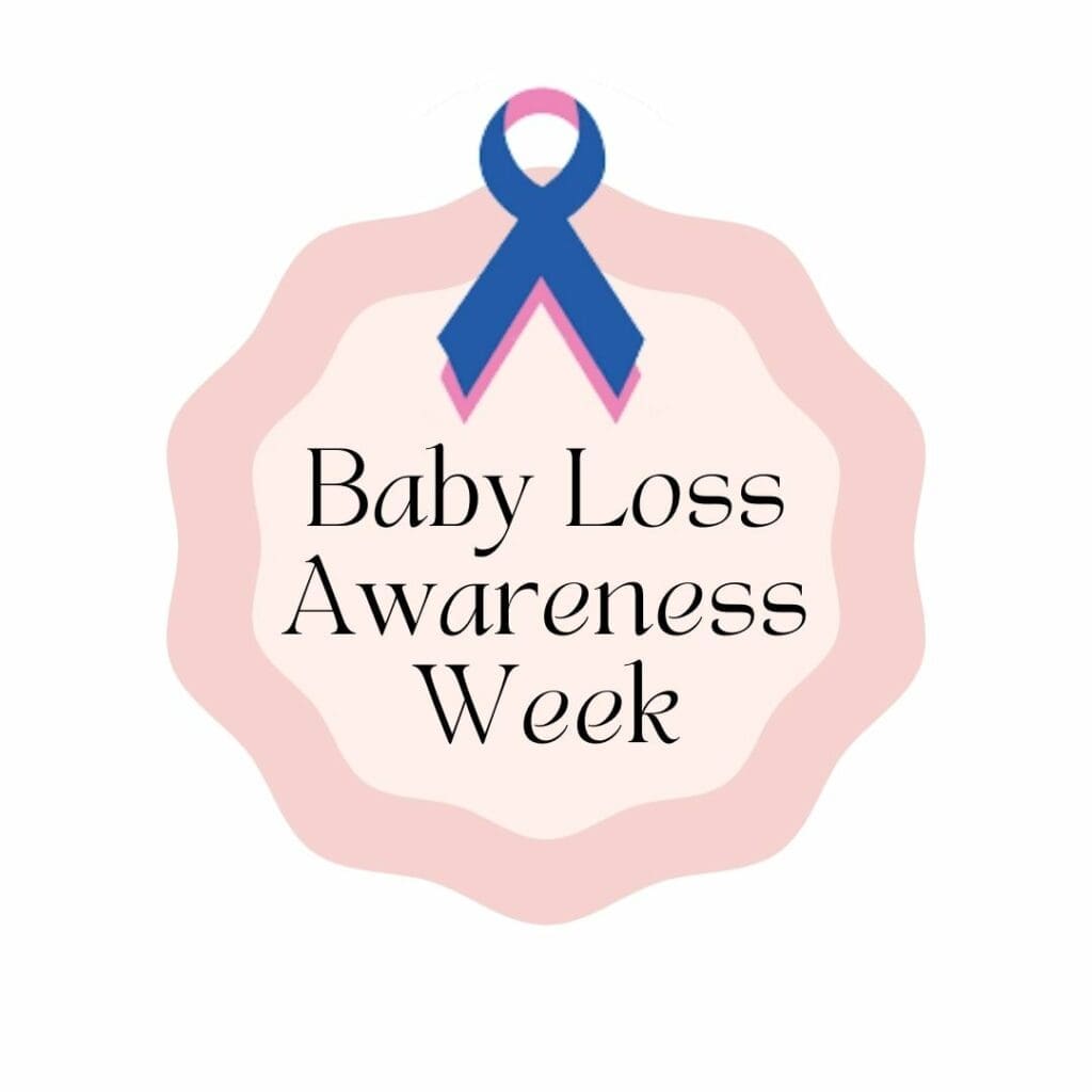 A pink circle with a remembrance ribbon in it, representing baby loss and infant loss